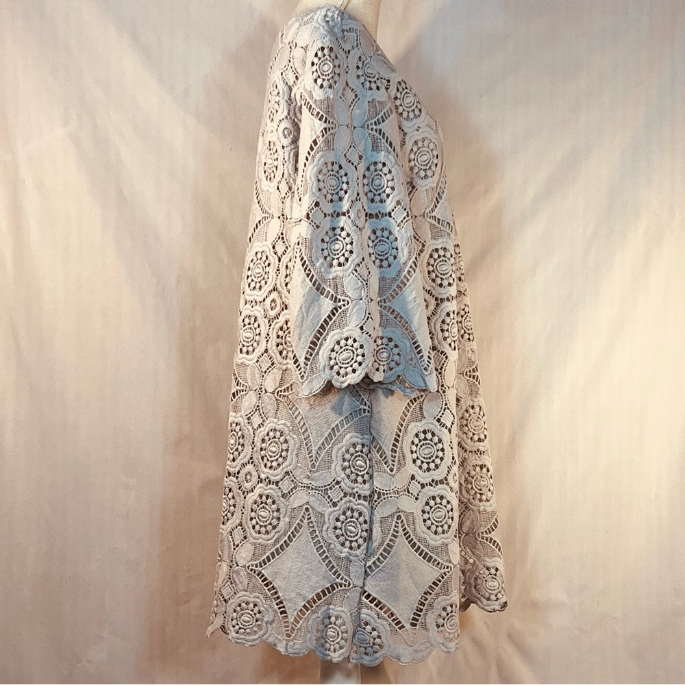 Pretty Angel Dress Light Blue Embroidered Lace Overlay A Line 3/4 Bell Sleeve M👍 - Picture 6 of 11